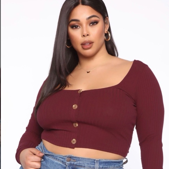 Fashion Nova Only Thing We Know Wine Knit Long Sleeve Button Down Crop Top 2X - Picture 2 of 10